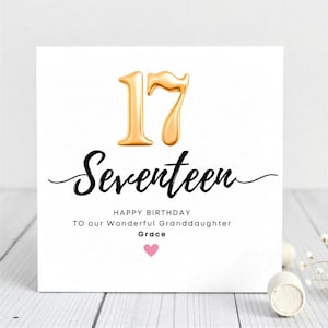 Feliz aniversário de 17 anos para neta maravilhosa - Cartão de aniversário personalizado para neta - Letras douradas.