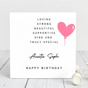 Tarjeta de cumpleaños personalizada para tía, elegante diseño de globo de corazón, mensaje cariñoso para tía, tarjeta para tía, madrina, tía abuela y madrastra.