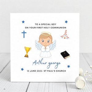 Gepersonaliseerde eerste hulst-communicatiekaart voor jongen-aangepaste naam-datum en kerk-illustratie engel-religieuze kaart