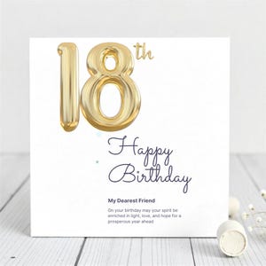 Cartão elegante de aniversário de 18 anos para amiga - Design de balão dourado - Cartão de aniversário inspirador para ela, amiga, filha, irmã, sobrinha.