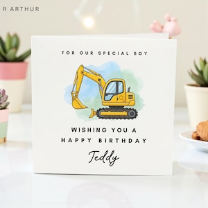 Tarjeta de cumpleaños personalizada de excavadora para niño, tarjeta de cumpleaños de excavadora, tarjeta de camión de construcción, tarjeta de cumpleaños infantil con nombre personalizado