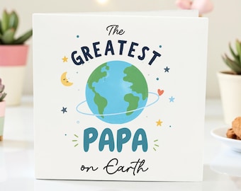 Personalised Papa Fathers Day Card, Greatest Papa on Earth Card From Grandkids Kids, Cute World Planet Dad Grandad Keepsake Gift