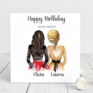 Beste vriend verjaardagskaart-aangepaste bestie met namen-mode meisje illustratie. Kaart voor beste vriendin, zus, bestie.
