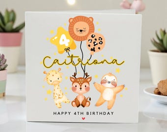 4th Birthday Card for Girl Boy, Personalized Name Age 4 Card, Cute Animal Birthday Card Daughter Son Niece Nephew Grandchild