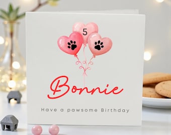 Personalisierte Geburtstagskarte für Hund, Welpen-Liebhaber-rosa Welpen Tatzen-Ballons.
