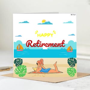 Carte de plage pour sa retraite - Joyeuse retraite d'été - Détente estivale amusante - Carte d'adieu pour femme, collègue ou ami.