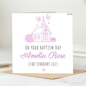 Carte de baptême rose personnalisée à l'église pour petite fille - Carte design Amelia Rose pour petite fille, nouveau-né, filleule, petite-fille, nièce.