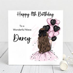 Cartão de aniversário de 8 anos para menina - Ilustração de menina com balão - Cartão de aniversário com nome personalizado para sobrinha, irmã, amiga
