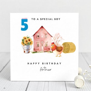 Carte personnalisée 5e anniversaire pour garçon - maison de ferme et poulet - carte de visite personnalisée avec carte d'anniversaire de 5 ans pour amoureux des animaux de la ferme