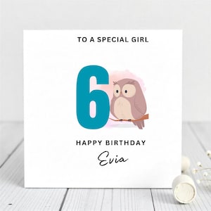 Tarjeta de sexto cumpleaños para niña: linda tarjeta con diseño de búho, tarjeta de cumpleaños con nombre personalizado para niña.