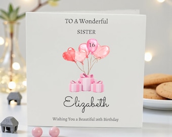 Personalized 16th Birthday Card for Sister: Pink Balloons & Gifts