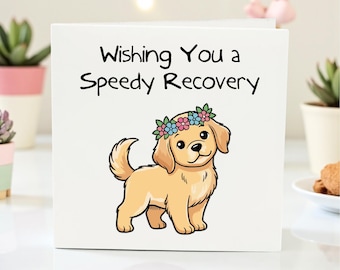 Gute Besserungskarte – Hund mit Blumen, Genesungsgruß
