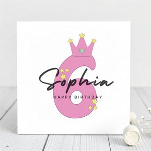 Cartão de aniversário de 6 anos da princesa para ela - Coroa rosa e design de estrela - Cartão de aniversário personalizado para filha e sobrinha.