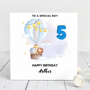 Cartão de 5º aniversário para menino - Design personalizado de balão de ar quente - Tema de animal fofo - Cartão de feliz aniversário para menino especial