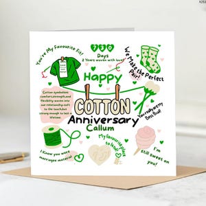 Happy Cotton Anniversary Card – 2nd Wedding Anniversary – Cute Romantic Cotton Themed Card for Husband, Wife, or Couple .