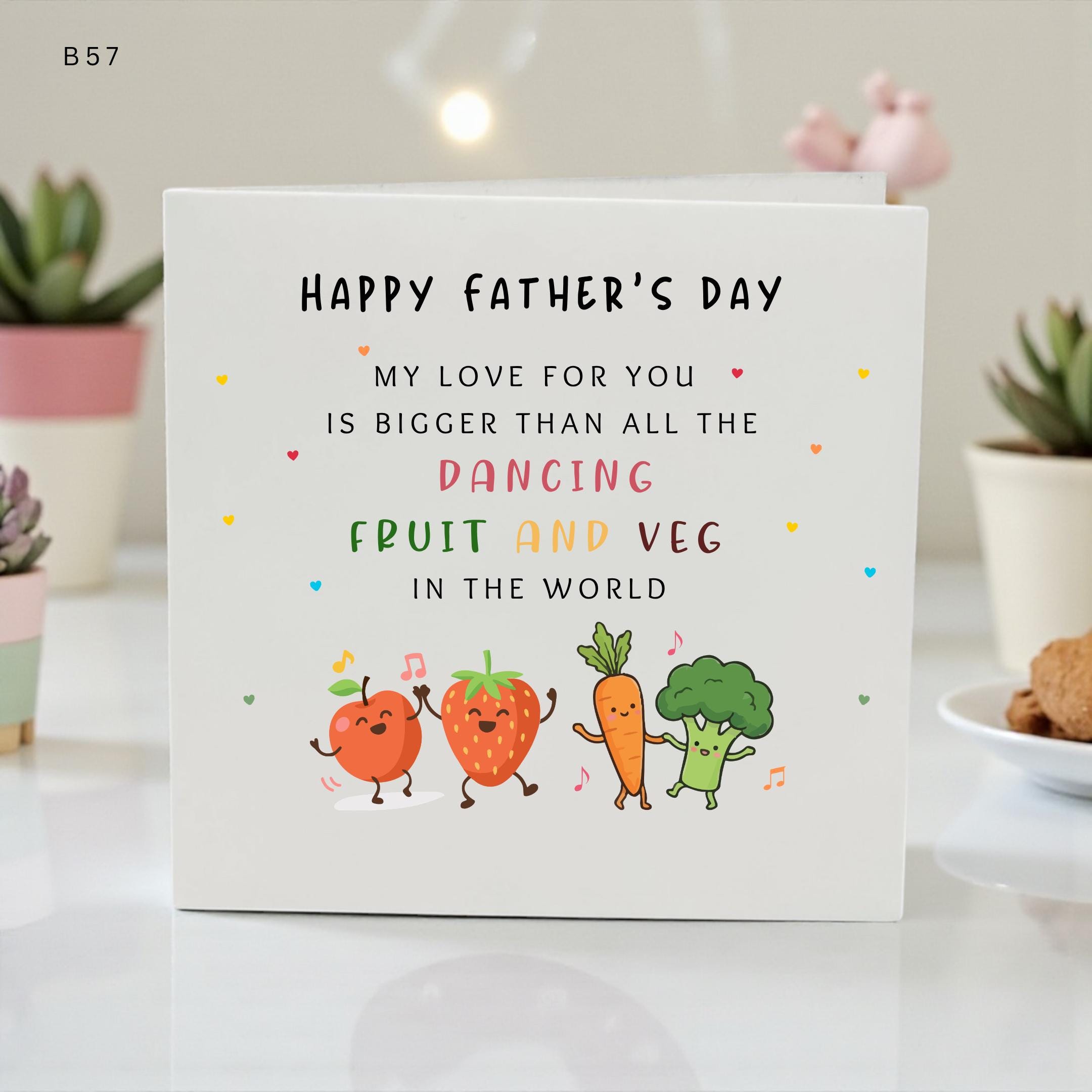 Personalised Funny Dad Father's Day Card From Kids, Dancing Fruit And Veg Card For Daddy, Cute Food Pun Dad Gift Card