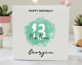 13th Birthday Card, Thirteen Birthday Card, Personalized Teen Birthday Card, Custom Name 13th Birthday Card, Minimal Watercolor
