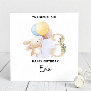 Personalized 3rd birthday Card For Girl- Bunny With Balloons- Custom Name - Cute Toddler Birthday Card For Daughter ,Niece ,Granddaughter.
