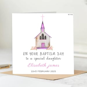 Carte de baptême de fille personnalisée avec illustration de l'église - carte de visite personnalisée avec date - souvenir de baptême de petite fille chrétienne.