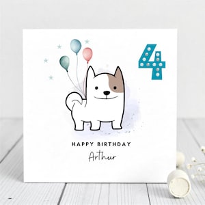 Personalisierte 4.Geburtstagskarte für Kinder mit Hund und Luftballons, Namenskarte für Jungen oder Mädchen
