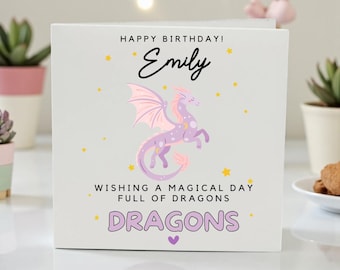 Tarjeta de cumpleaños personalizada de dragón para niña o niño, tarjeta de cumpleaños de fantasía, tarjeta de dragón mágica, tarjeta de cumpleaños para niños, hija, hijo, sobrina o sobrino.