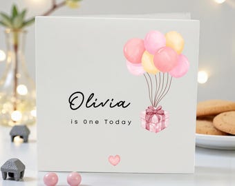 Tarjeta de primer cumpleaños personalizada para niña, tarjeta de bebé con nombre personalizado, tarjeta "Un año hoy" para hija, sobrina, nieta, hermana o ahijada.