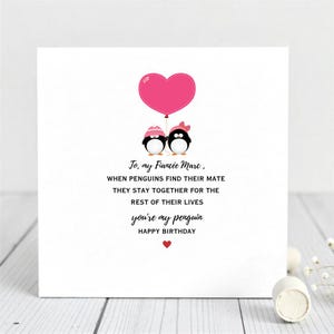 Pinguïn liefdesverjaardagskaart - liefdesverjaardagskaart voor partner, oprecht verjaardagsbericht voor partner.
