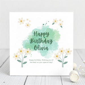 Personalisierte Blumen Geburtstagskarte - Name weiche Aquarell Blumen Grußkarte für Sie, Freundin, Schwester, Tochter, Mutter, Nichte.