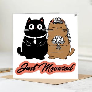 Divertente biglietto di auguri per matrimonio con gatto: congratulazioni per gli sposi novelli appena miagolati