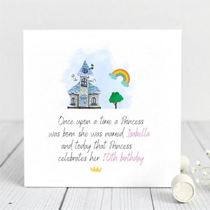 Carte d'anniversaire de princesse personnalisée pour les enfants de 10 ans, carte de visite personnalisée avec château et motif arc-en-ciel
