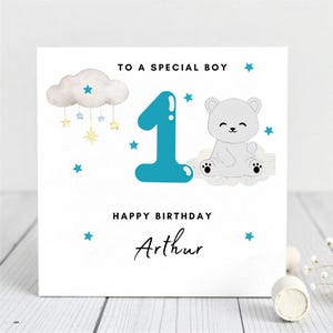 Personalisierte 1.Geburtstagskarte für Jungen-süßen Bären und Sterne Design-Custom Name Karte für Baby-Karte