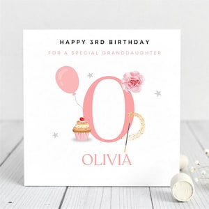 Carte de visite personnalisée pour le 3e anniversaire de votre petite-fille - Carte de visite personnalisée pour fille - Carte pour petite-fille, petite fille de 3 ans, fille.