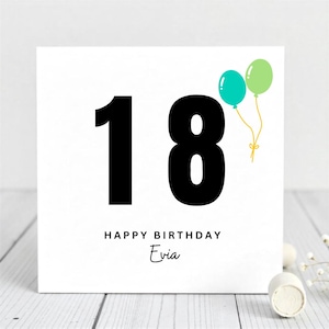 Carte d'anniversaire personnalisée pour 18 ans - Design minimaliste en ballon - Carte de visite personnalisée pour fille ou garçon - Pour fille - Fils-nièce-neveu-cousin.