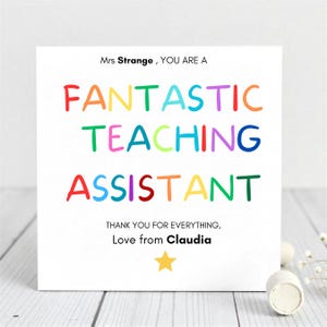 Cartão de agradecimento personalizado para assistente de ensino - Texto em arco-íris - Cartão de agradecimento de fim de semestre do aluno - Cartão de nome personalizado