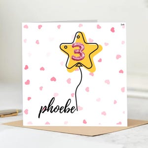 Carte personnalisée pour le 3e anniversaire de Phoebe, ballon étoilé, 3e anniversaire de Phoebe, coeurs roses et ballon étoilé