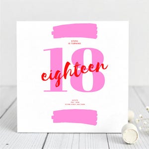 "Moderne 18. Geburtstagseinladung - Mutiges rosa Typografie-Design - Benutzerdefinierte Karten für Teenager-Mädchen, Tochter, Nichte, Freund und Schwester.