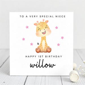 Carte personnalisée 1er anniversaire pour nièce - jolie girafe design - carte de bébé personnalisée pour saule - souvenir spécial nièce.
