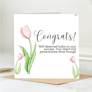 Cartão de parabéns personalizado com tulipas celebrando o sucesso e o trabalho duro, cartão de parabéns com tulipas.