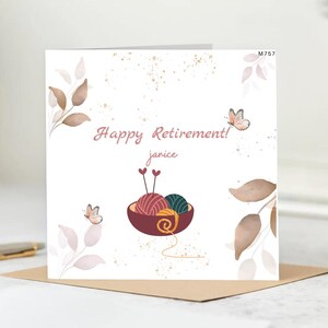 Cartão de aposentadoria personalizado em tricô - Feliz aposentadoria Janice - Design de fio e agulha - Cartão de despedida para ela.