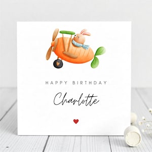 Biglietto di auguri di compleanno personalizzato con coniglietto - Grazioso design a forma di aereo per bambini - Nome personalizzato - Biglietto di auguri di compleanno per figlia, nipote, nipote, bambina
