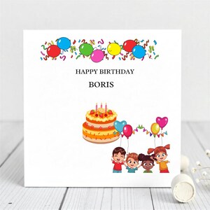 Personalized Kids Birthday Card- Colorful Balloons And Cake Design- Fun Card For Boys Or Girls.