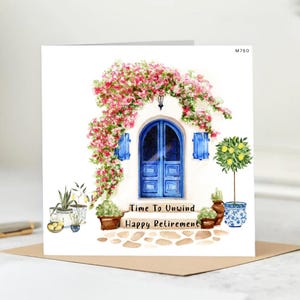 Carte de bonne retraite - Il est temps de se détendre - Conception de porte de jardin couleur aquarelle - Carte de voeux de retraite florale relaxante - Carte pour collègue ou ami.
