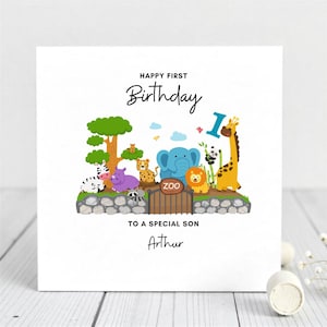 Cartão de 1º aniversário para filho - Tema de animais do zoológico - Cartão de feliz 1º aniversário para filho