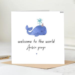 Felicitaciones por el nacimiento de un niño, tarjeta personalizada para el nacimiento de un niño, tarjeta de bienvenida al mundo (diseño de ballena de bienvenida al mundo) - tarjeta para recién nacido