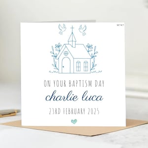 Carte bleue personnalisée de baptême à l'église pour bébé garçon - Carte design Charlie Luca pour bébé garçon, nouveau-né, filleul, petit-fils, neveu.