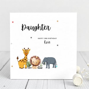 Carte personnalisée pour le 2e anniversaire de sa fille - Animaux de zoo mignons - Carte personnalisée