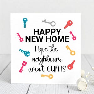 Biglietto di auguri per la nuova casa, divertente biglietto di auguri per vicini, biglietto con design a chiave colorata per familiari, amici e vicini.
