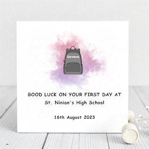 Tarjeta del primer día de clases: tarjeta de buena suerte para el regreso a clases, personalizada con nombre, escuela y fecha, regalos de aliento para niños.