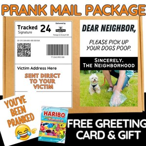 Könnte beinhalten: Ein Streich-Mail-Paket mit einem braunen Karton-Design. Das Paket enthält eine Grußkarte mit der Aufschrift "You've Been Pranked" und eine Tüte Haribo-Gummibärchen. Das Paket hat auch ein gefälschtes Versandetikett und eine Nachricht an einen Nachbarn.