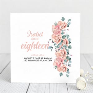 Florale 18. Geburtstagseinladung - Individuelle Geburtstagskarte mit Namen - Elegante Rose Design Karte - Geburtstagskarte für Schwester, Frau, Tochter und Freundin.